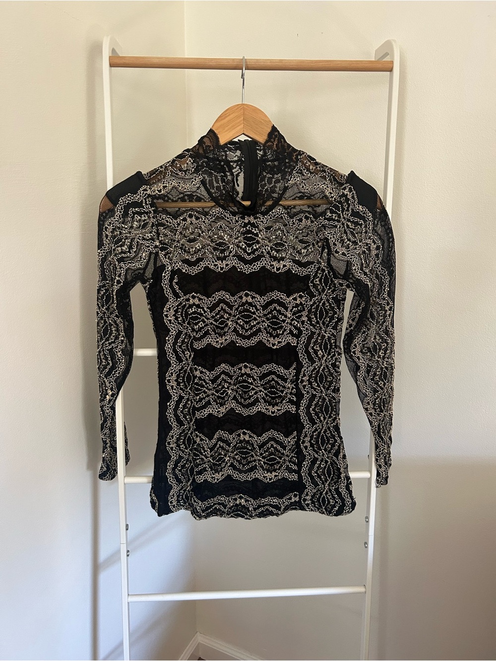 Black Lace-Overlay Long Sleeve Mock Neck Top